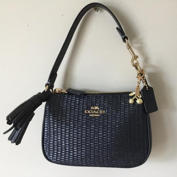 COACH CH215 Straw+Leather Mix Nolita 15 Wristlet Mini Bag Navy + Gold Cherries - Picture 1 of 9